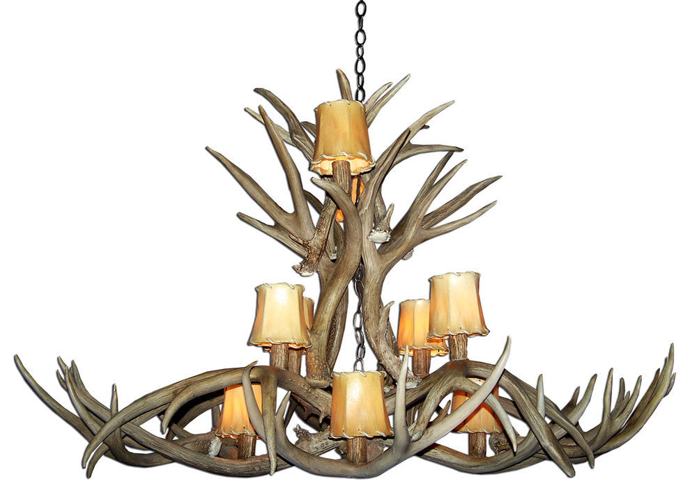 Mule Deer Oblong Inverted Antler Chandelier Light, Large, Rawhide Shades