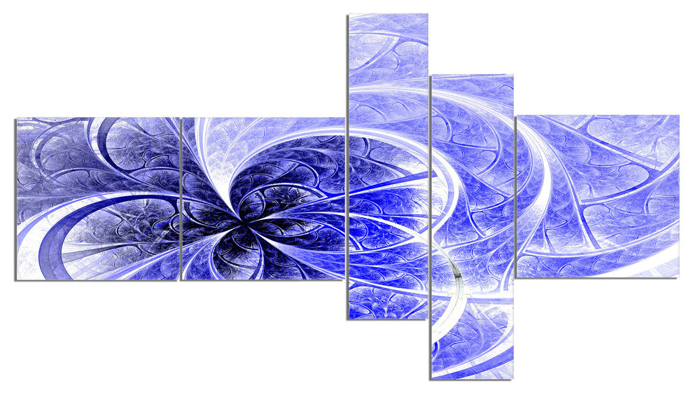Blue Light Fractal Flower Pattern, Abstract Canvas Art Print, 60"x32", 5 panels