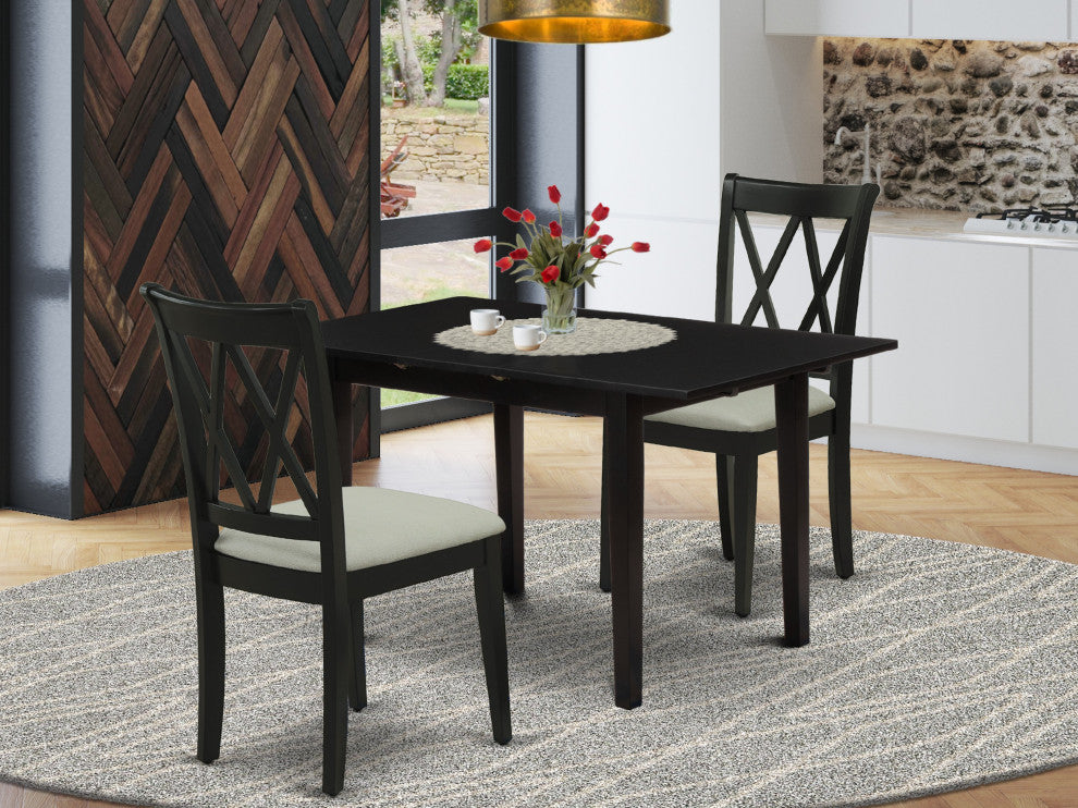 3-Pc Dining Table Set 2 Dining Chairs, Butterfly Leaf Dinette Table, Black