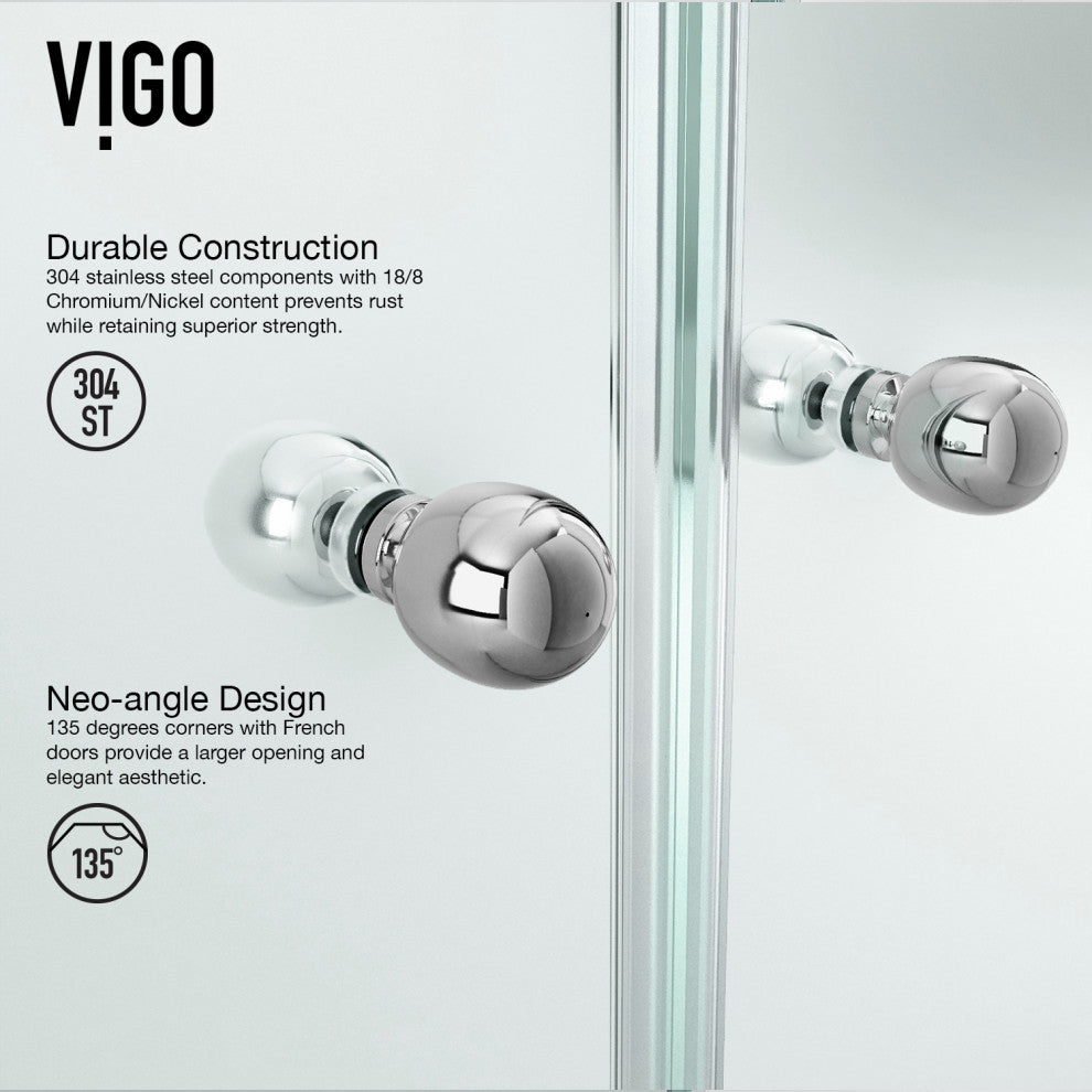 VIGO Gemini Frameless Hinged Neo-Angle Shower Enclosure, Chrome, 42" D X 42" W, Low Base