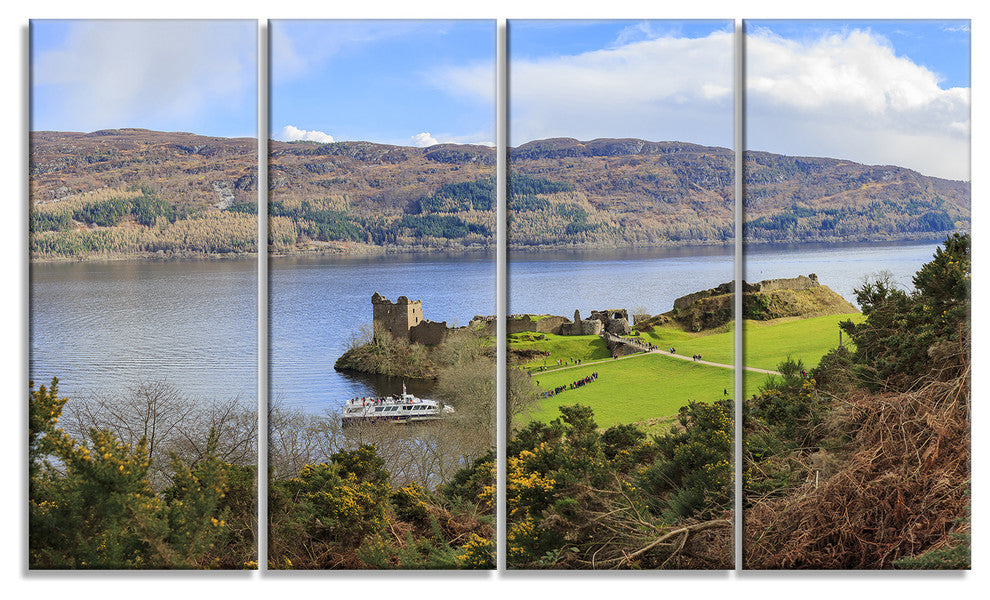 Lago Ness and Urquhart Castle, Landscape Canvas Art Print, 48"x28", 4 Panels