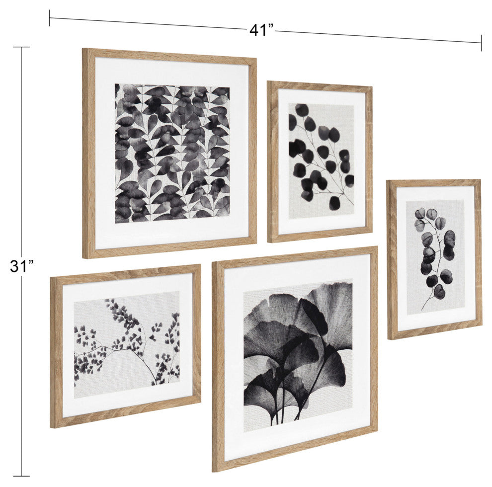 Black And White Florals Rustic Art Set, Natural 5 Piece