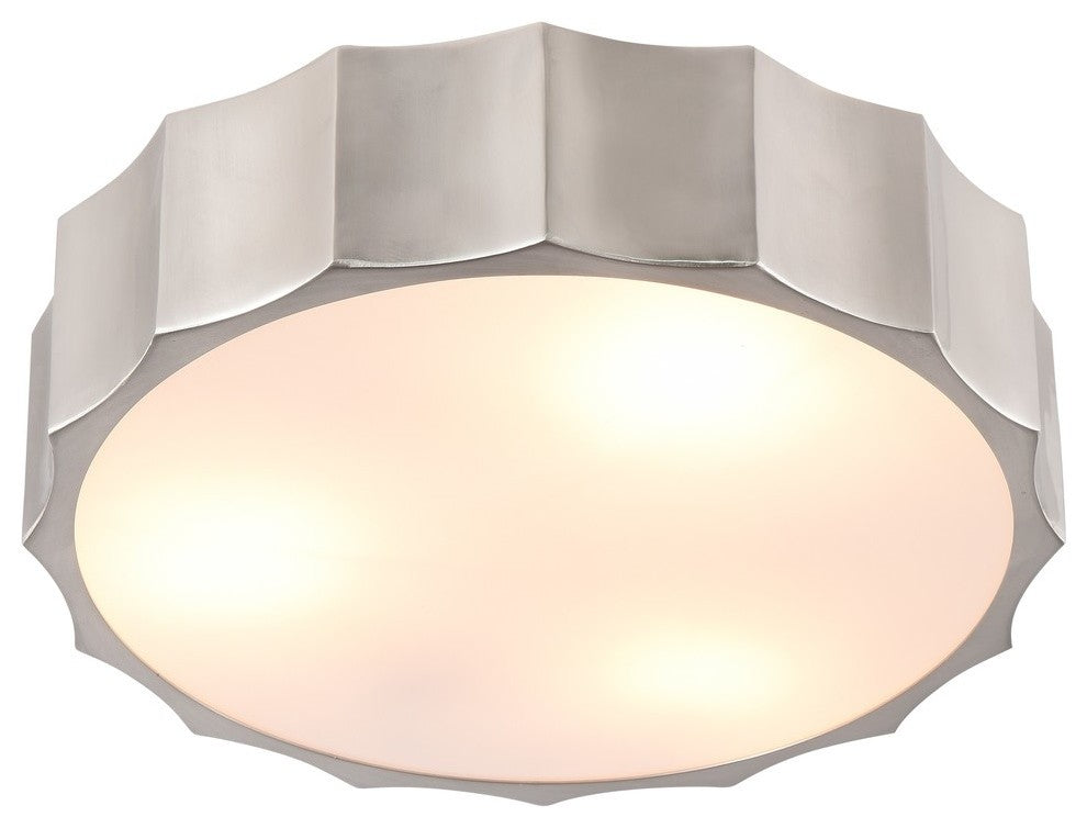 Iron Wave Flushmount Light With White Frosted Acrylic Cover, Shiny Nickel