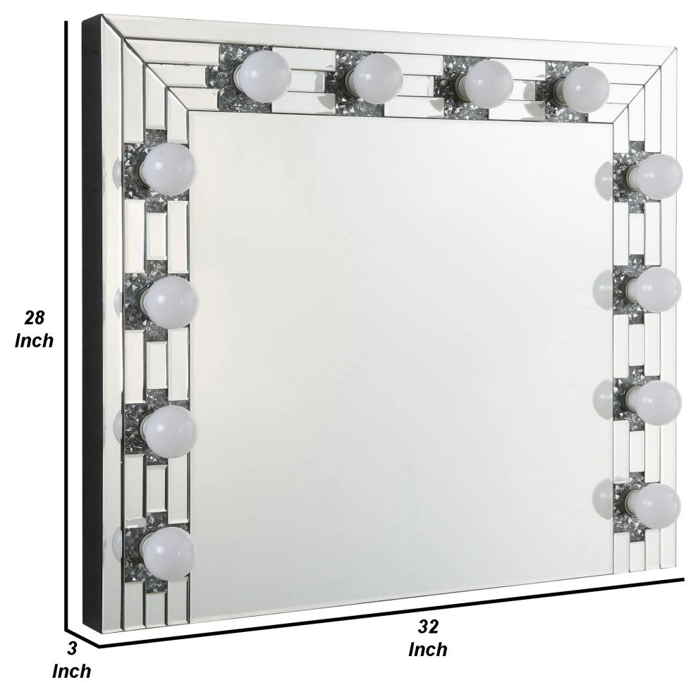 Benzara BM274650 Modern Glam Lighted Mirror, 12 Sockets, Faux Diamonds, Silver