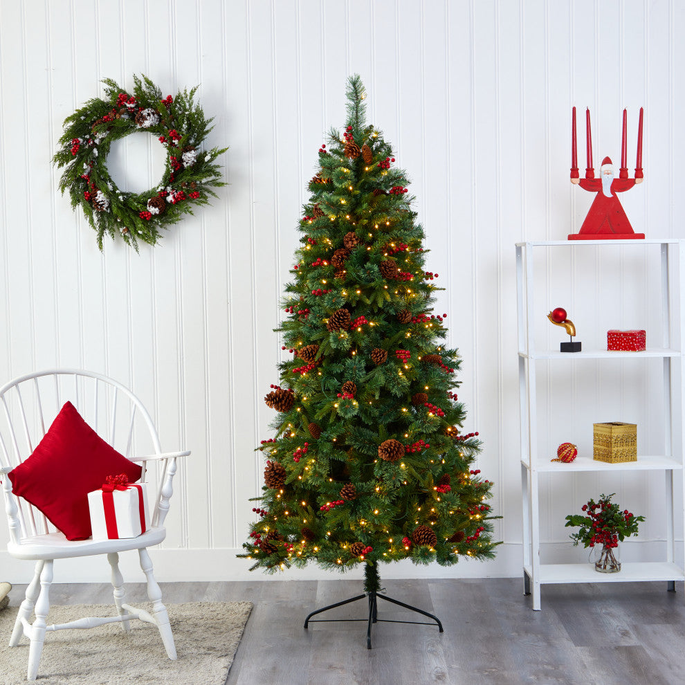 6.5' Norway Mixed Pine Faux Xmas Tree With 350 Clear Lights, Pinecones & Berries