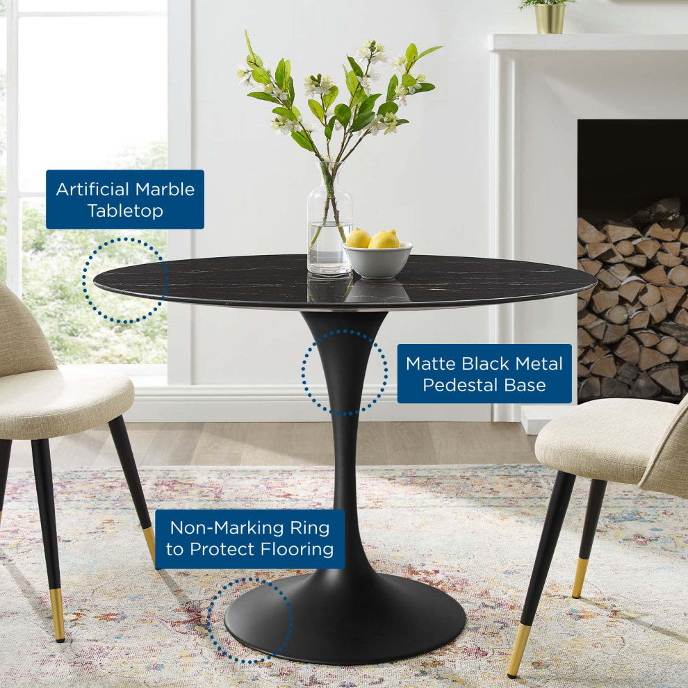 Dining Table, Oval, Artificial Marble, Metal, Black, Modern, Bistro Restaurant