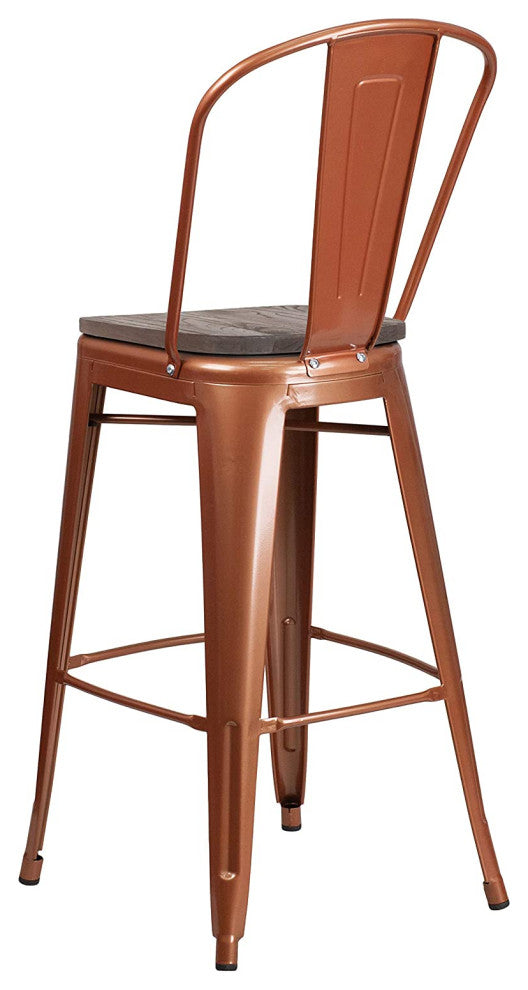 Set of 4 Bar Stool, Metal Frame With Curved Back & Walnut Elm Wood Seat, Copper