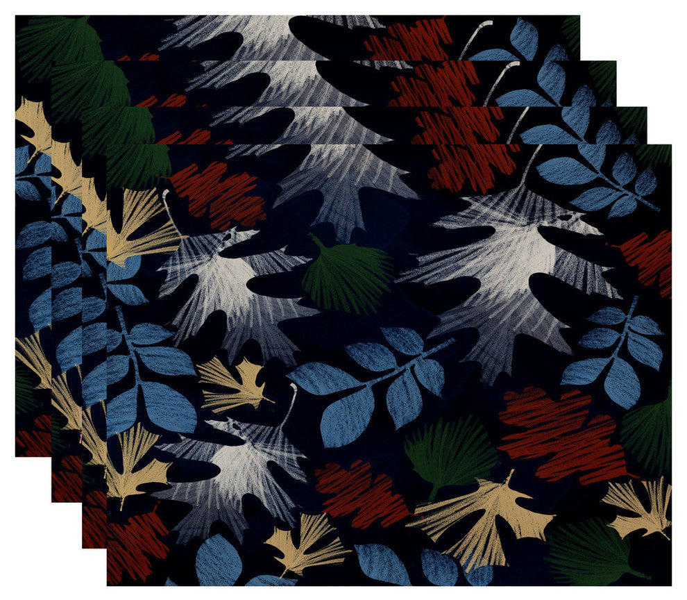 Watercolor Leaves Floral Print Placemat, Set of 4, Navy Blue