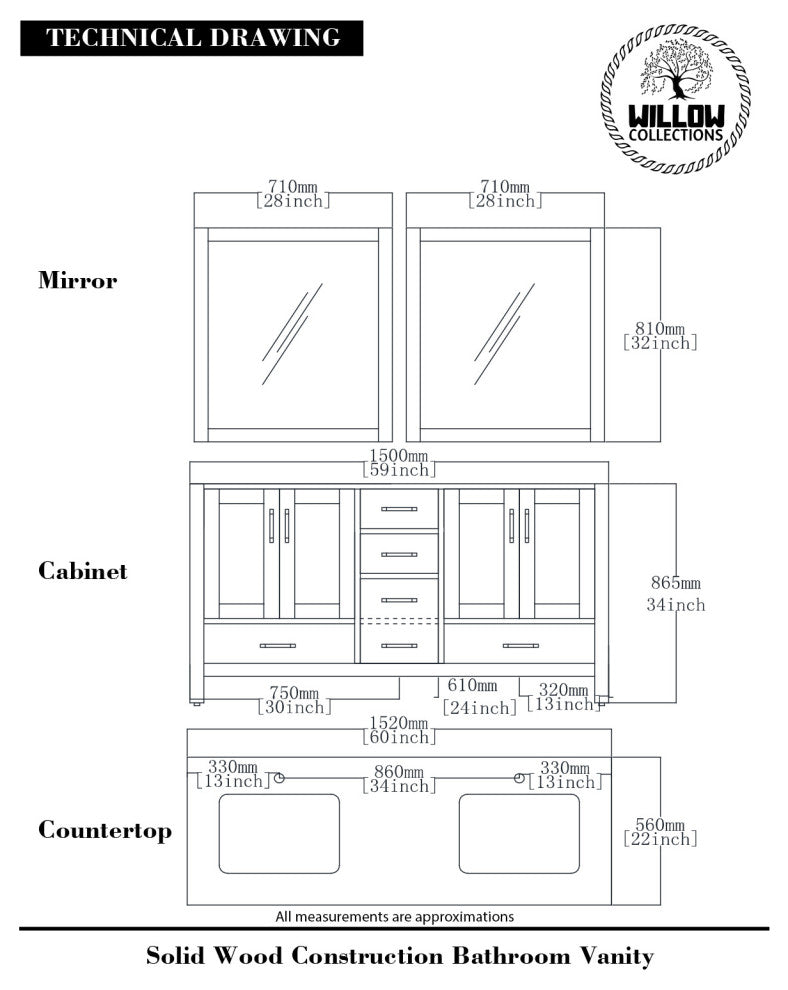 Willow Collections Malibu Vanity, Green, Calacatta Quartz, 60" Double