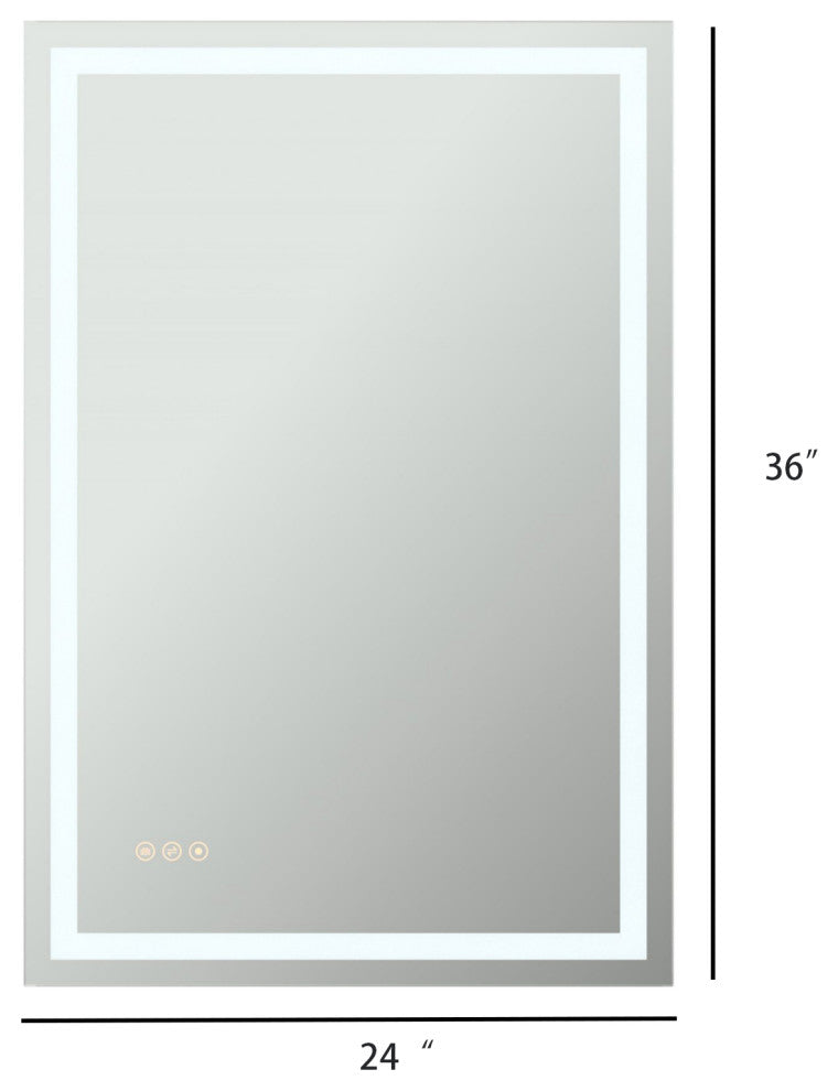 Rectangular Frameless Dimmable Anti-Fog Wall Mounted LED Bathroom Vanity Mirror, 24" X 36"