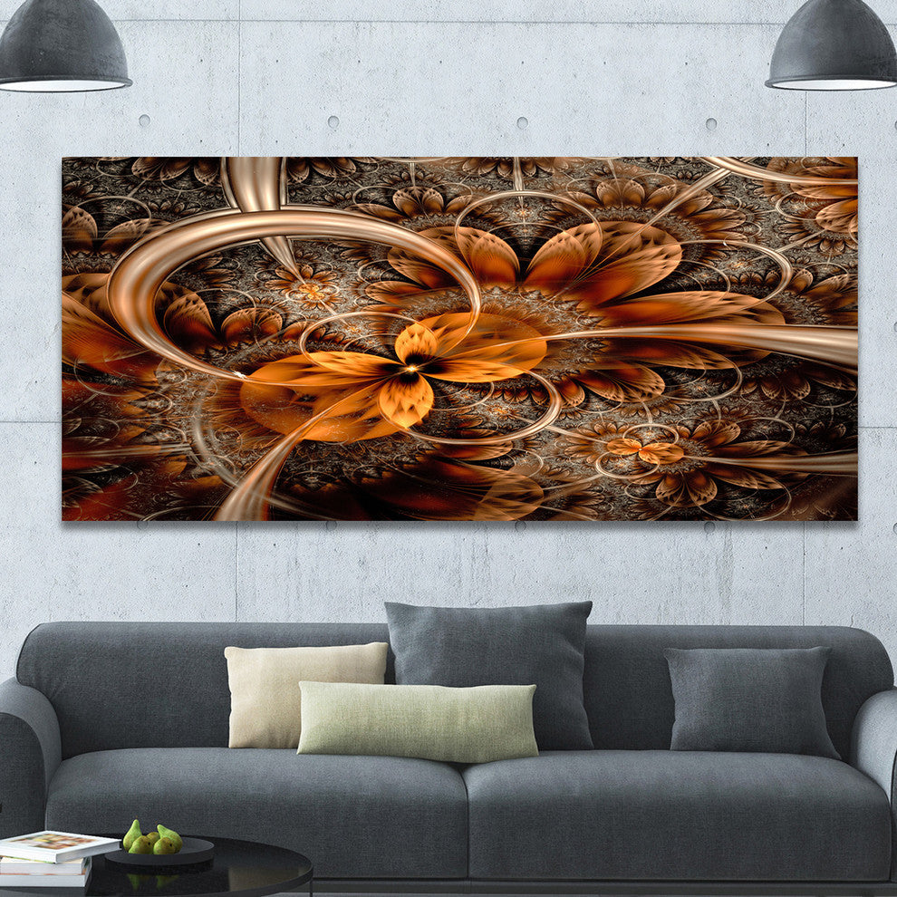 Dark Orange Fractal Flower, Oversized Abstract Canvas Art Print, 60x28