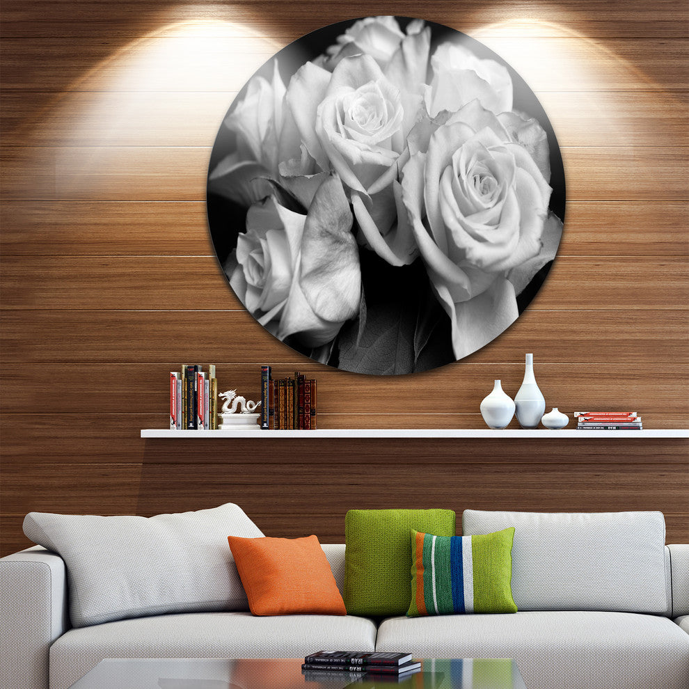 Bunch Of Roses Black And White, Floral Large Disc Metal Wall Art, 36"