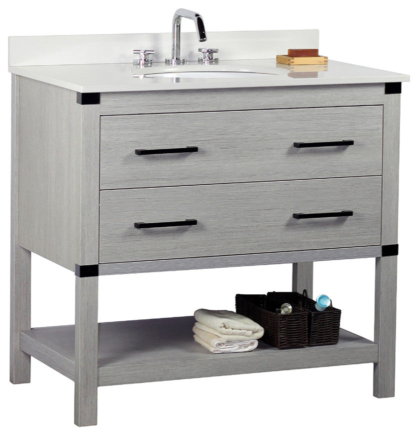 37" Single Vanity, Gray Pine Finish Top With Engineered Stone Top and Oval Sink