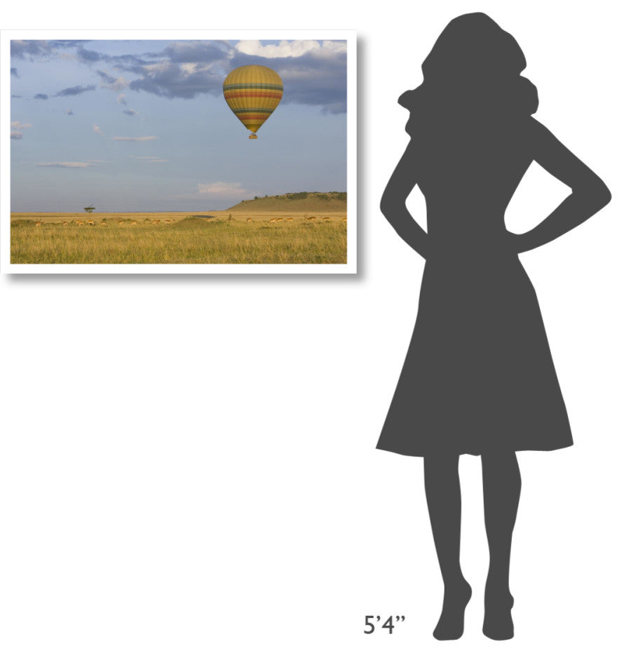 "Hot air balloon flying over herd, Masai Mara Triangle" Paper Art, 38"x26"