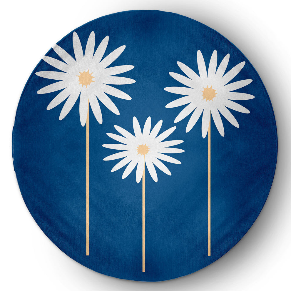 Floral Print Spring Chenille Rug, Dark Cobalt Blue, 5' Round