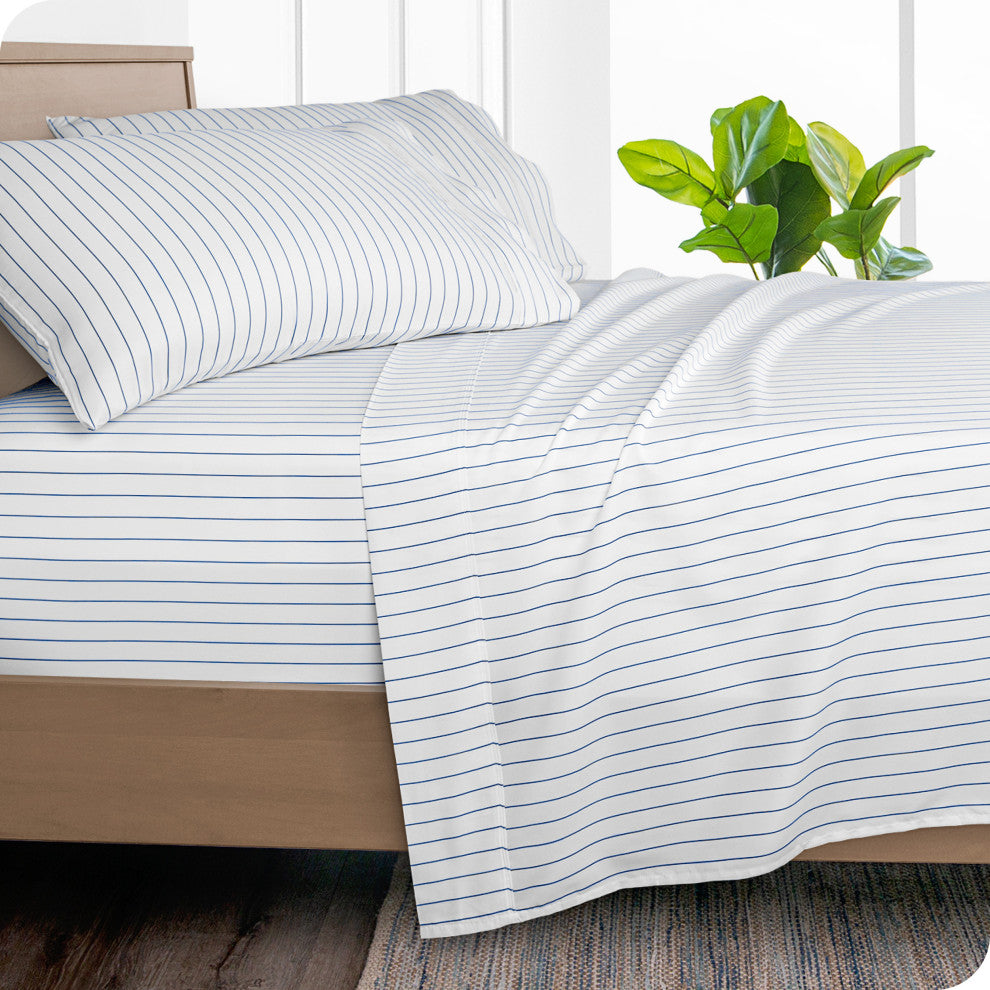 1800 Microfiber Printed Sheet Set, Pinstripe - White/Marine, Twin
