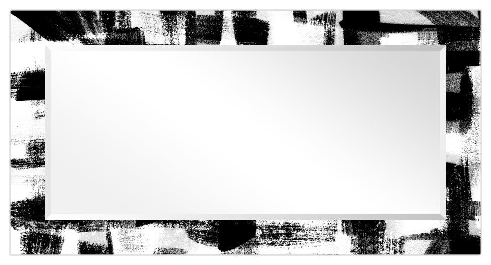 Black and WhiteBeveled Mirror on Printed Abstarct Tempered Art Glass, 54x28"
