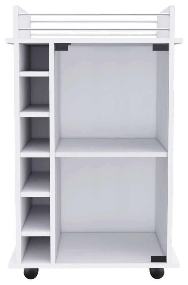 Vegas Retro Modern Two Tier Bar Cart with Glass Door & Six Liquor Cubbies, White