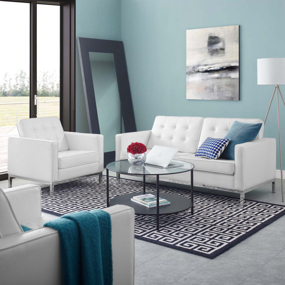 Tufted Armchair and Loveseat Sofa Set, Faux Leather, Silver White, Modern