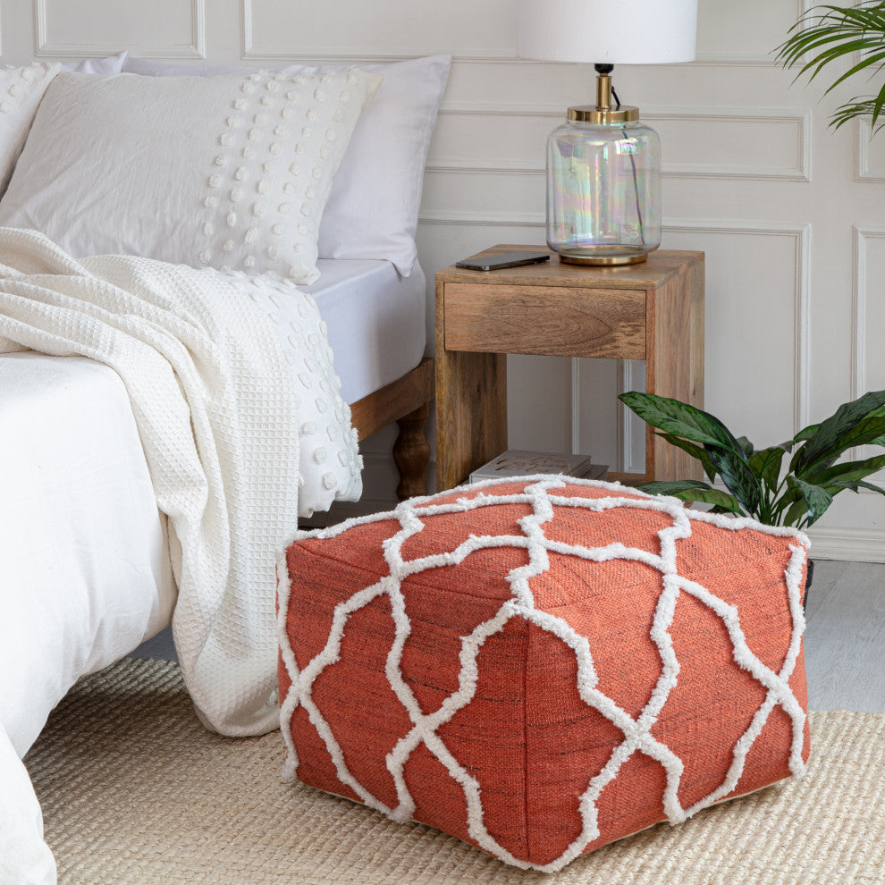 Crimson Dreams 22" x 22" x 16" Red and Ivory Pouf