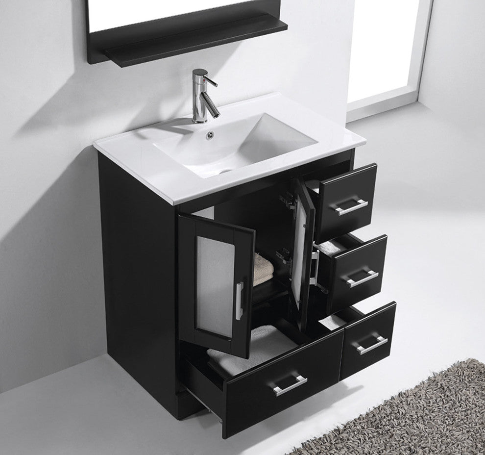 Virtu Zola Single Bathroom Vanity, Brushed Nickel Faucet, Mirror, Espresso