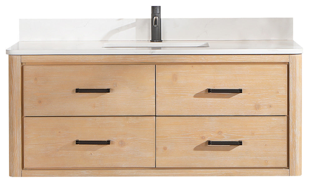 Cristo Floating Bath Vanity With Stone Top, Fir Wood Brown, 48in., No Mirror