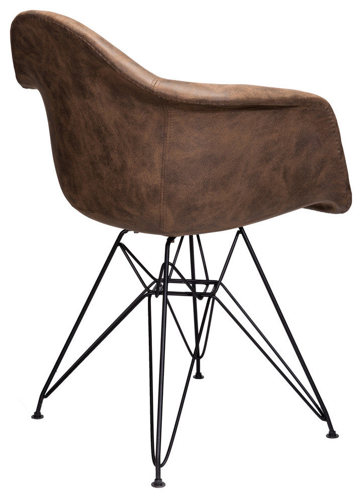 Leatherette Fabric Upholstered DAR Armchair, Black Steel Leg, Dark Brown