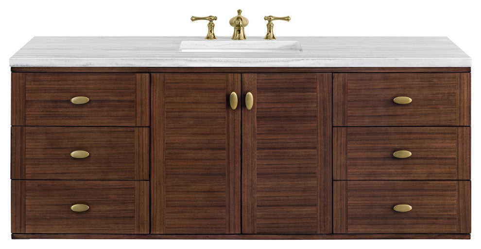 Amberly 60" Single Vanity, Mid-Century Walnut, 3CM Arctic Fall Top