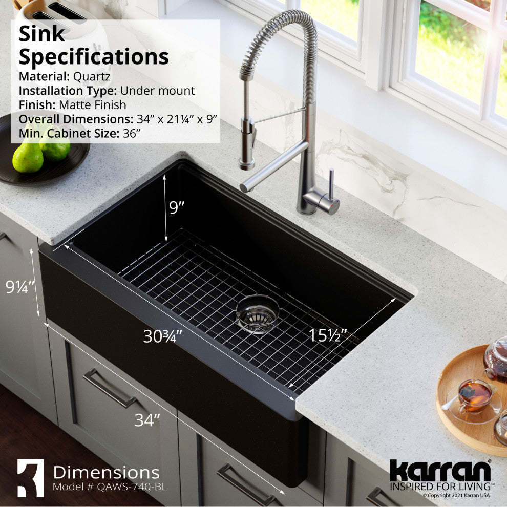 Karran 34" Quartz Farmhouse Single Bowl Workstation Kitchen Sink, Black