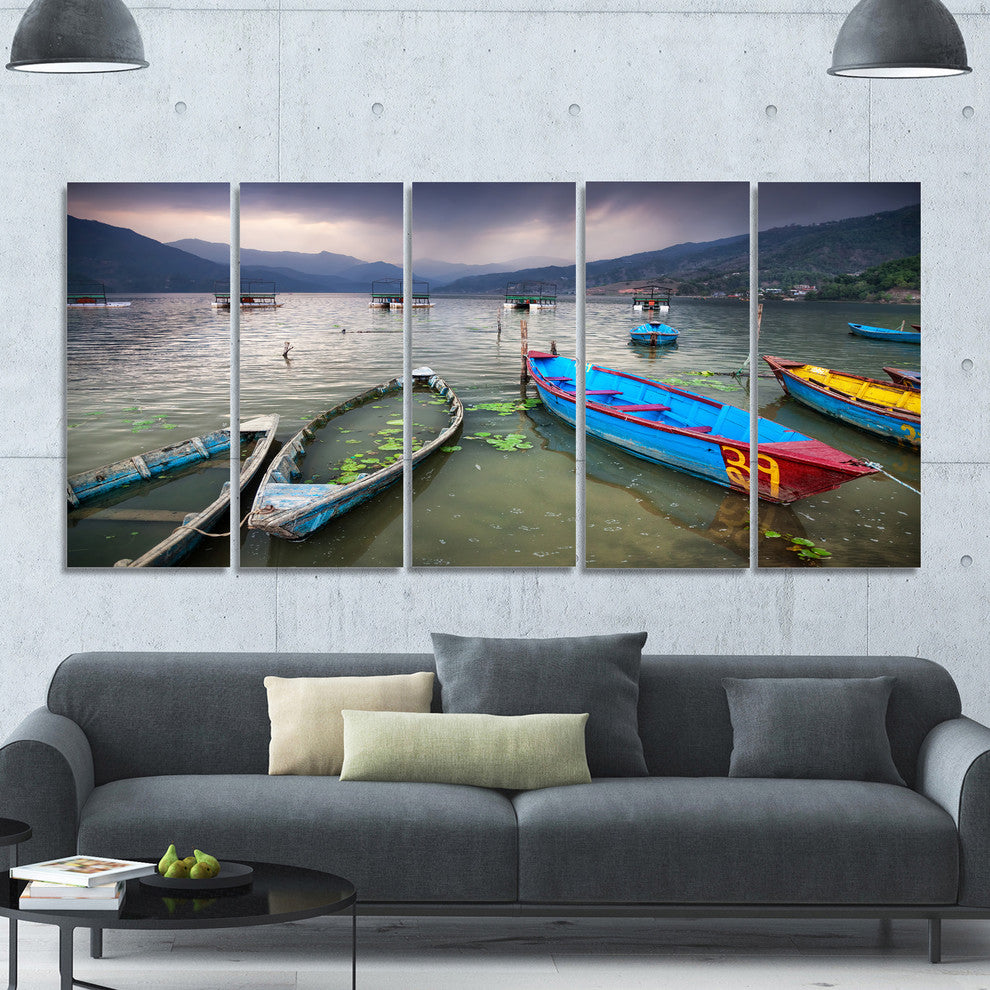 Boats near Pokhara Lake, Boat Canvas Art Print, 60"x28", 5 Panels