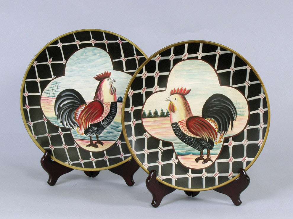 Rooster Plates and Plate Stands, Set of 2