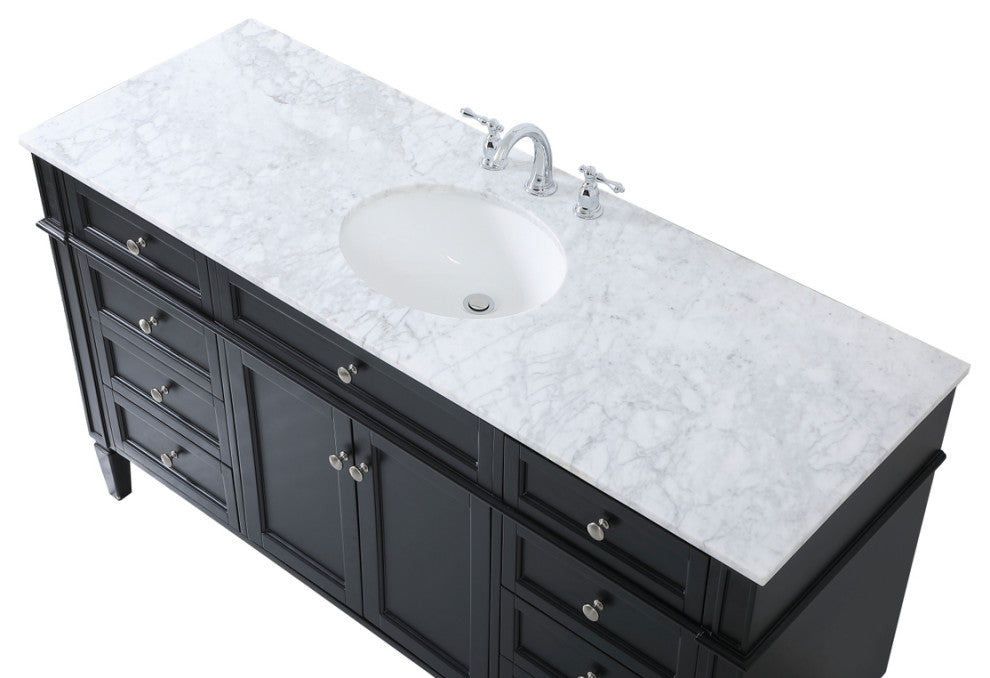 Home Living Vanity with Carrara White Marble Countertop, Black, 60", Single Sink