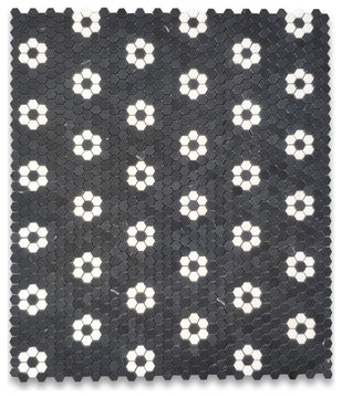 Nero Marquina Black Marble Rosette Hexagon Thassos White Flower Honed, 1 sheet