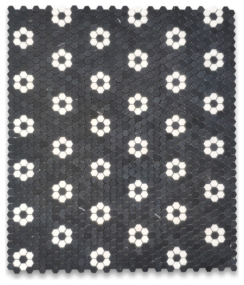 Nero Marquina Black Marble Rosette Hexagon Thassos White Flower Honed, 1 sheet