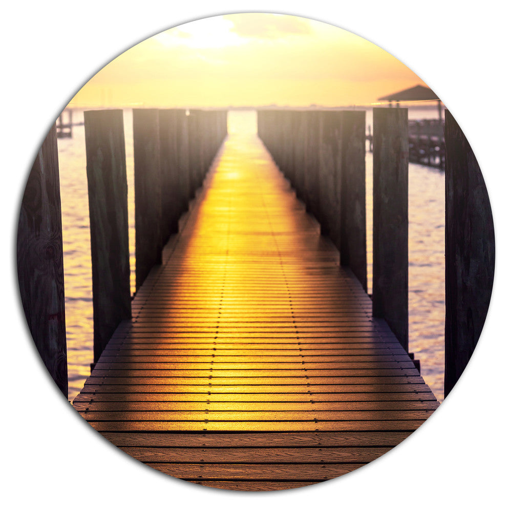 Sea Bridge With Sunset Reflection, Seashore Disc Metal Wall Art, 36"