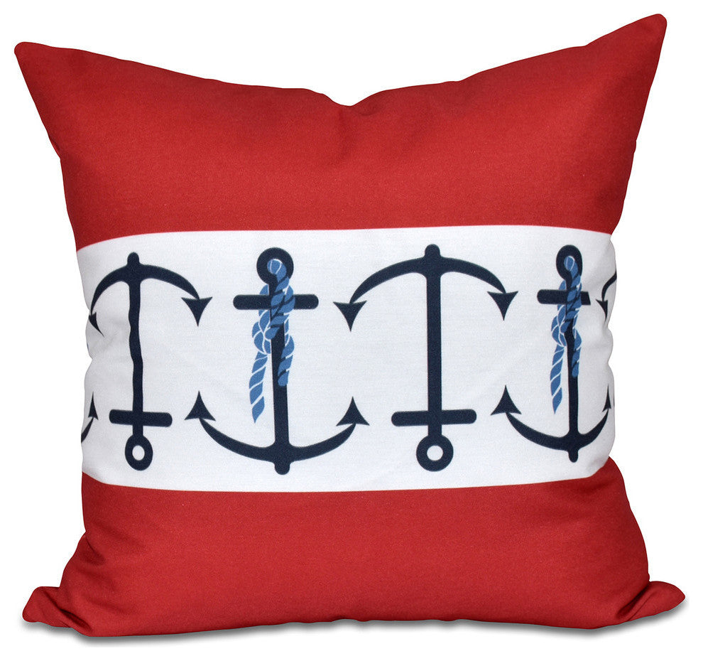 Anchor Stripe, Stripe Print Outdoor Pillow, Red, 20"x20"
