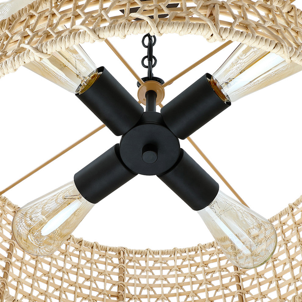 20" 4-Light Rattan Tiered Drum Chandelier Light With Black Canopy