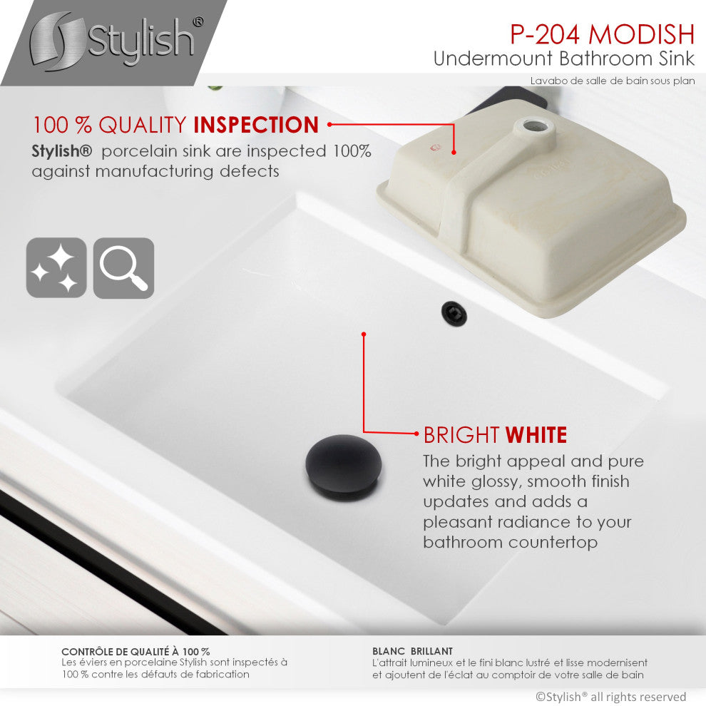 STYLISH 20" Rectangular Undermount Ceramic Bathroom Sink, 2 Overflow Finishes