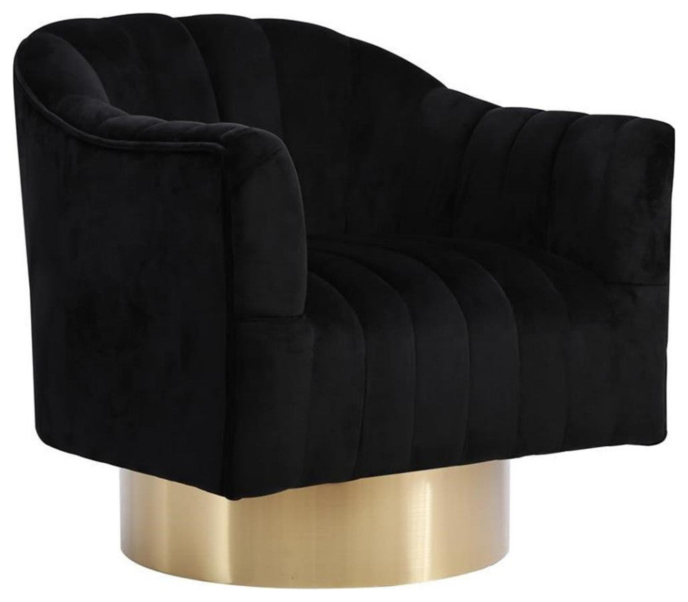 Pemberly Row 18" Contemporary Tufted Velvet Swivel Accent Chair in Black/Gold