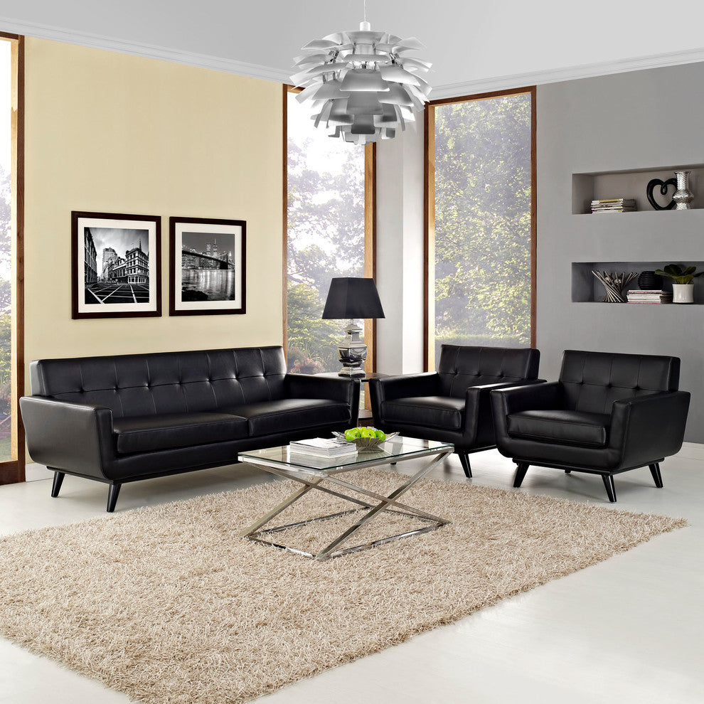 Engage 3 Piece Leather Living Room Set, Black