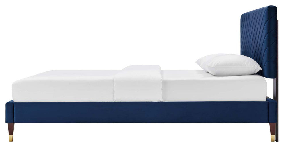 Platform Bed Frame, Queen Size, Blue Navy, Velvet, Modern, Bedroom Guest Suite