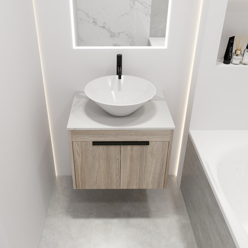 Wall-Mounted Bath Vanity, White Oak, White Ceramic Vessel Sink