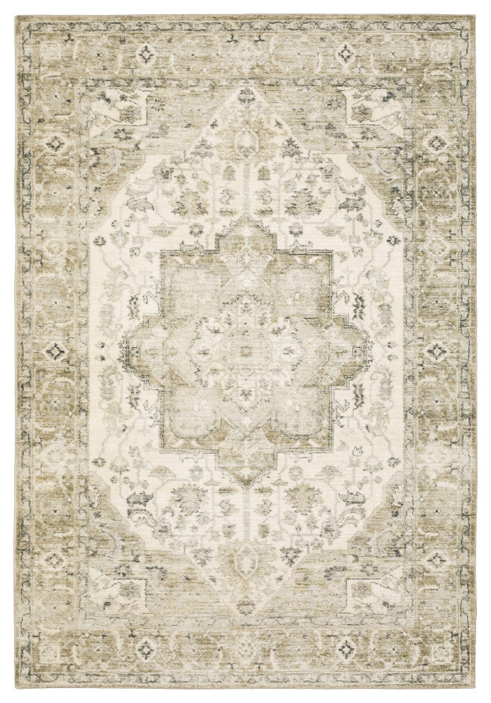 Sanjay Star Medallion Distressed Beige/Ivory Microfiber Area Rug, 5'3"x7'3"
