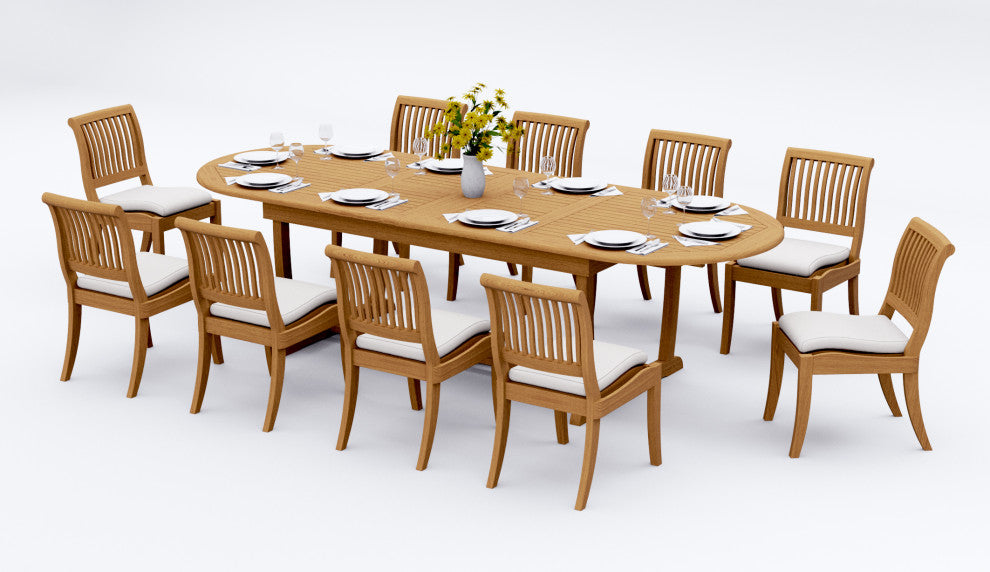 11-Piece Outdoor Teak Dining Set: 117" Masc Oval Table, 10 Arbor Armless Chairs