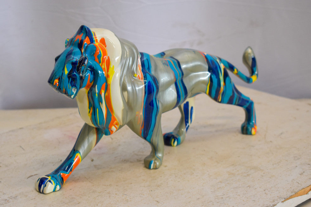 Roaming Multicolored Lion Resin Statue 19" x 5" x 9"H
