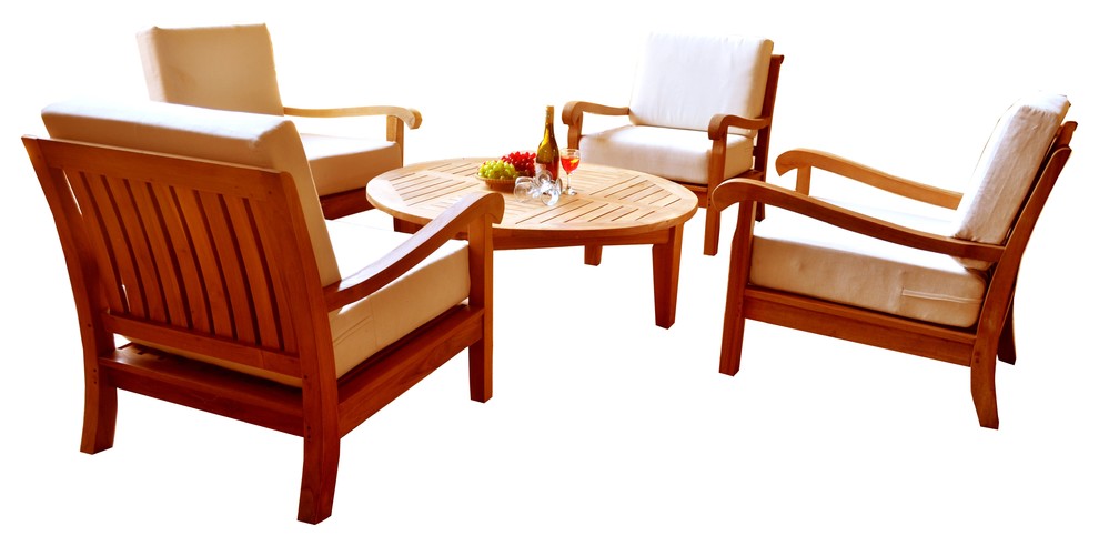 Teak Outdoor 4 Sofa Chair, Round Coffee Table, Canvas Charcoal Sunbrella Cushion