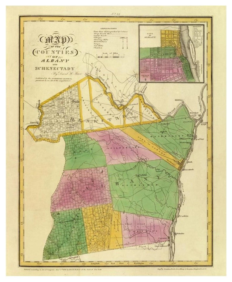 "New York - Albany, Schenectady counties, 1829" Print by David H. Burr, 20"x24"