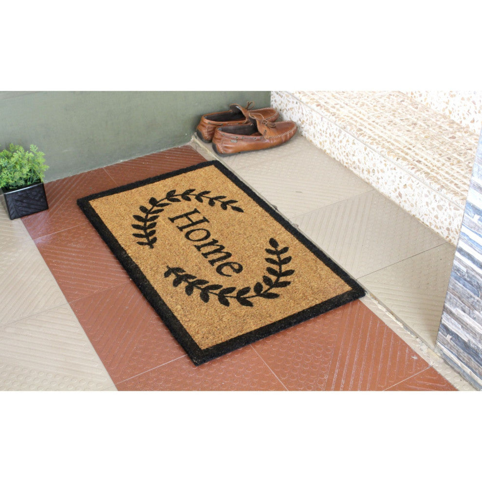 Black Machine Tufted Home With Leaves Doormat, 18" x 30"