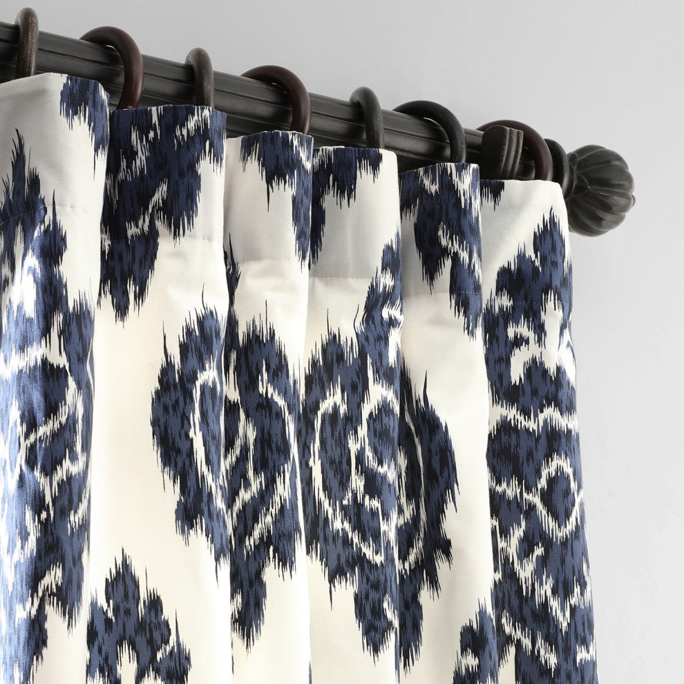 Ikat Blue Printed Cotton Curtain Single Panel, 50"x108"