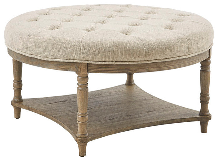 Martha Stewart Country Style Round Ottoman With Bottom Shelf, Cream
